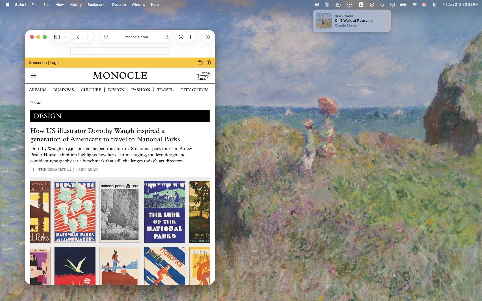 A Mac desktop showing Monet's Cliff Walk at Pourville as wallpaper