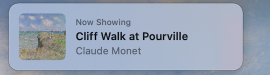 Galerie's menu bar popover reading: Now Showing, Cliff Walk at Pourville, Claude Monet